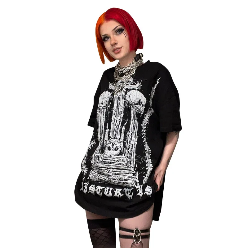 

Goth Dark Personality Trendy Abstract Pattern Printing T-Shirt Women 2023 Summer Retro Casual Loose Short Sleeve Tee Tops q625