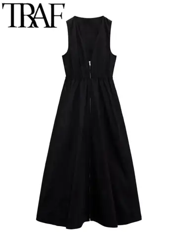 TRAF FANS Women High Waist Solid Tank Dress V Neck Sleeveless Zipper Elastic Pleated Side Pockets Female Summer Chic Midi Dress