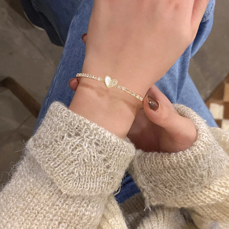 

Fashion Korean Heart Zircon Opening Adjustable Bracelet For Women Shiny Rhinestone Geometric Chain Bracelet Party Jewelry