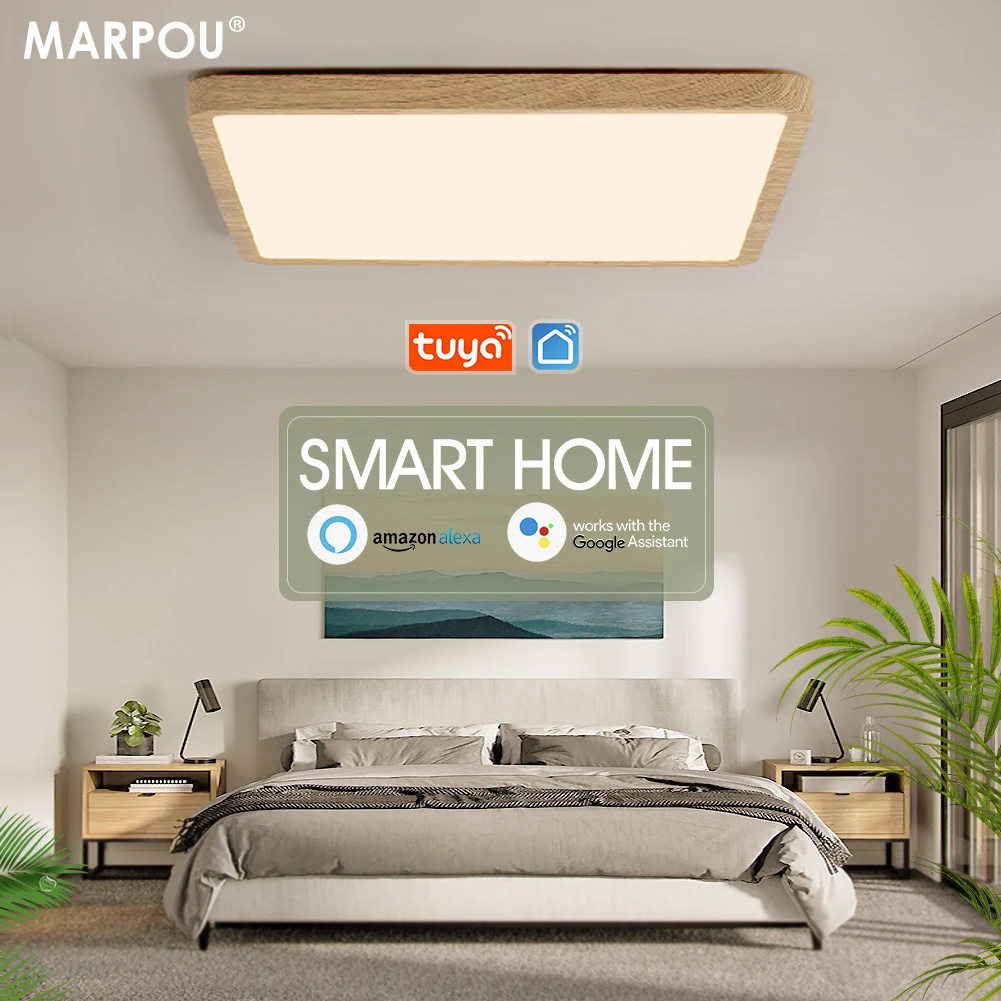 $34.47 MARPOU Tuya Smart LED Ceiling lamp Wood Grain App Voice Control Alexa/Google Remote Control Square Ceiling Lights Living room