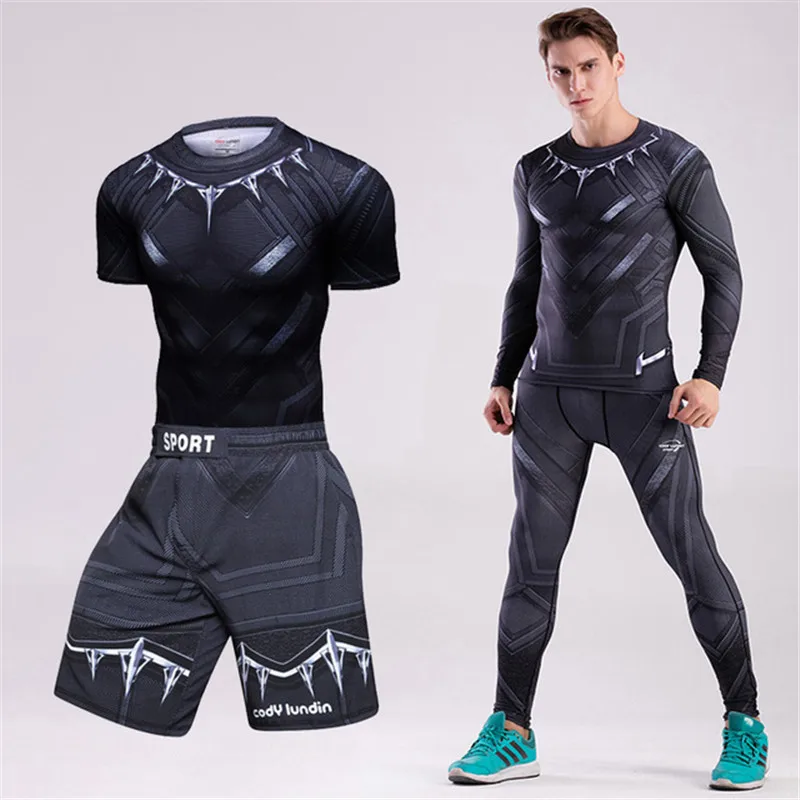 

Compressie Shirt Zwart Panther Spider Fitness Winter Soldaat Gym Workout Mma Rashguard Bjj Mannen Jiu Jitsu Running Jogging Set