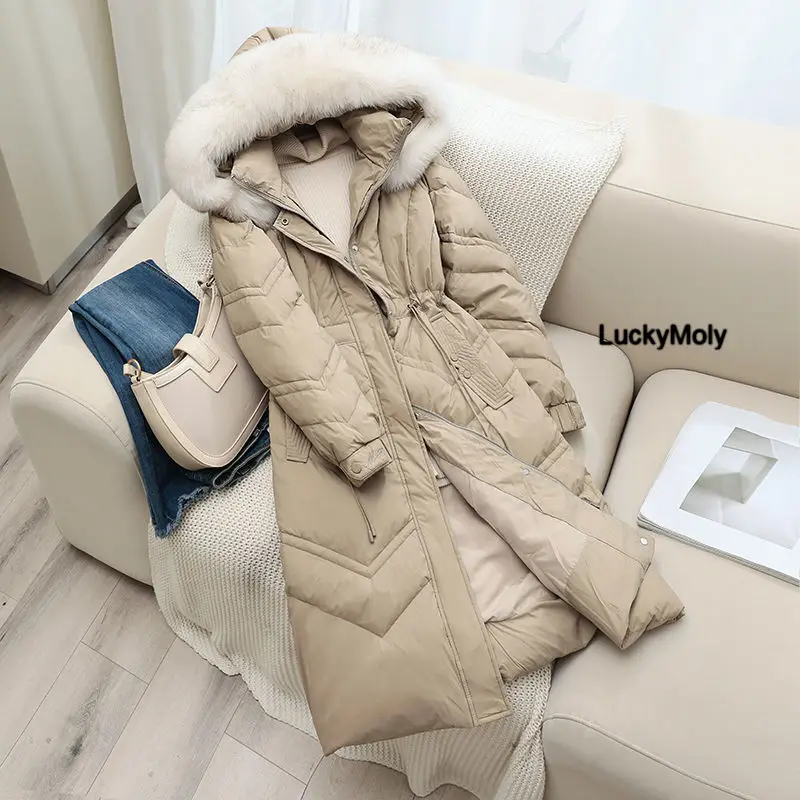 

2022 Winter Women's Down Jacket Hooded Big Fur Warm Long 90% White Duck Down Coat Female Thick Loose Puffer Jacket Snow Parkas