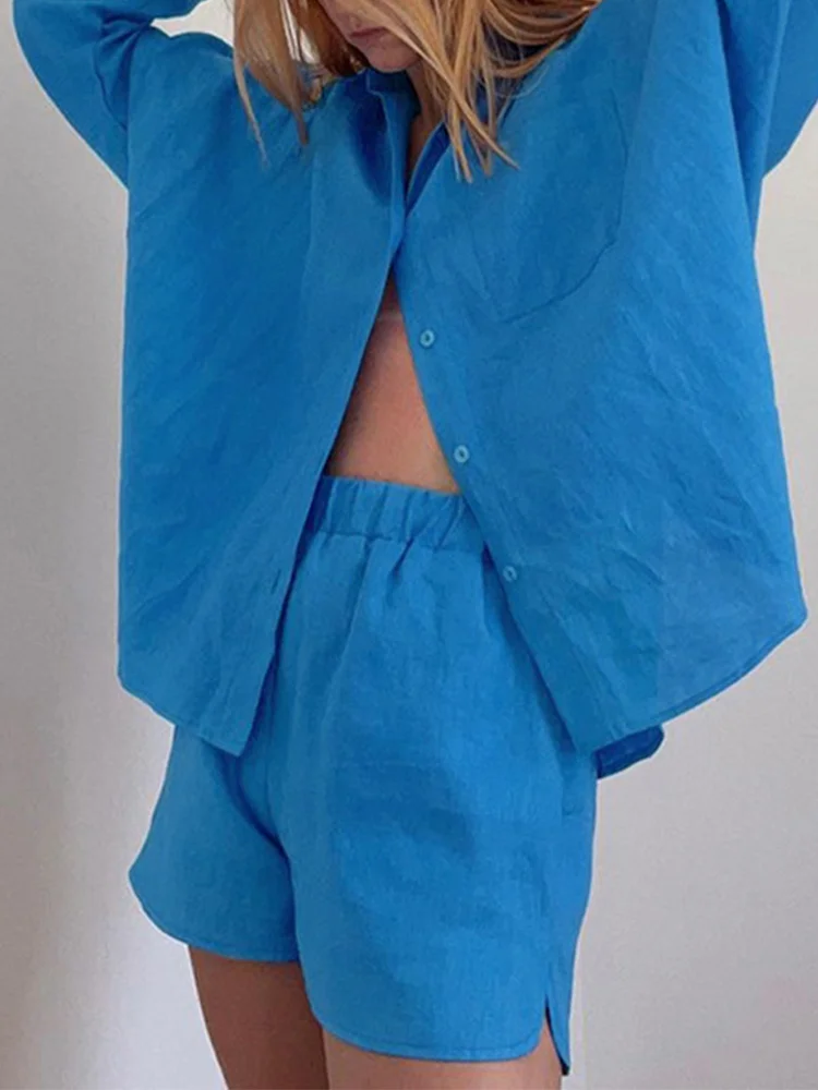 

Summer 100% Cotton Shirt Shorts Tracksuit 2022 Women Casual Loose Two Pieces Set Long Sleeve Tops And High Waist Short Pant Suit