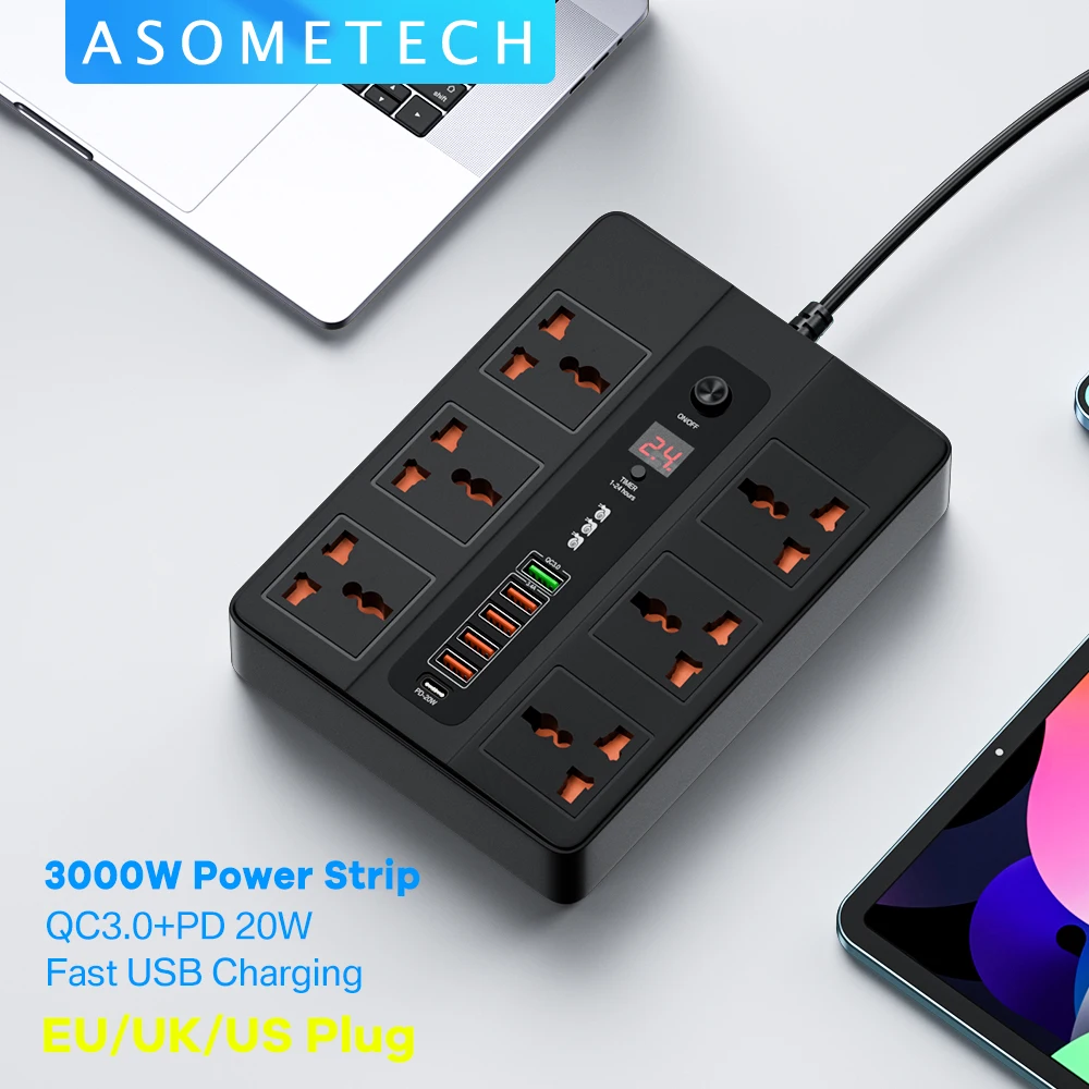 

3000W 6 AC Outlets Power Strip 6 USB Charging Station Extension Cord 2M PD 20W QC3.0 USB Port Multi Outlet Charger Power Socket