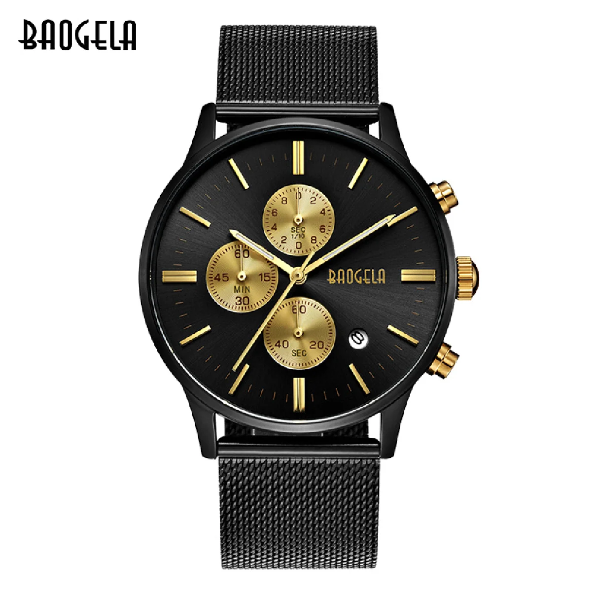 

BAOGELA Men's Watch Waterproof, Analog Quartz Wrist Watches Gold With Black Stainless Steel Mesh Band, Chronograph Date 1611Alex