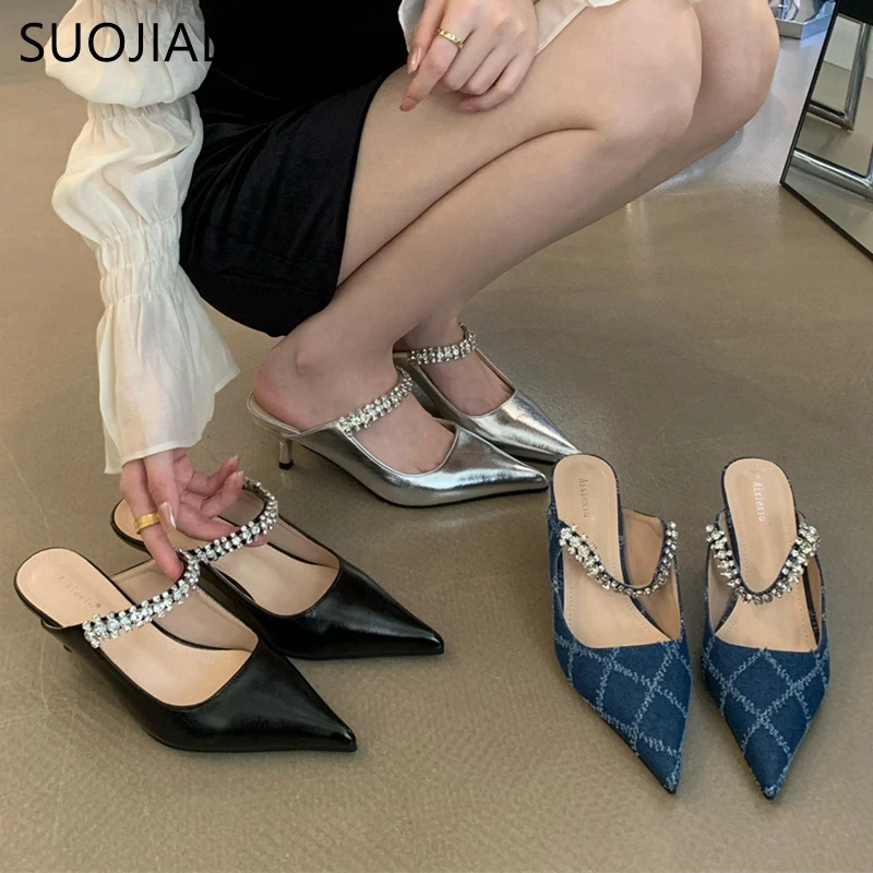 

SUOJIALUN 2023 Autumn Women Slipper Fashion Pointed Toe New Brand Ladies Slip On Mules Shoes Crystal Thin High Heel Dress Sandal