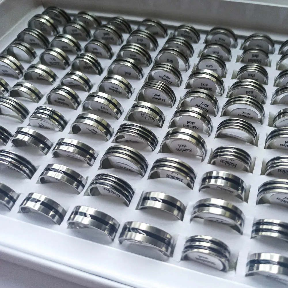 

50Pcs/Lot Wholesale Rings For Men Stainless Steel Fashion One Two Three Bars Black Line Jewelry Accessory Lovers Friends Gifts