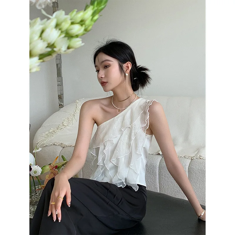 

Solaina Crop Top Slant Shoulder Splicing Flounces Waistcoat Woman Tank Top 2022 Summer New Top Woman