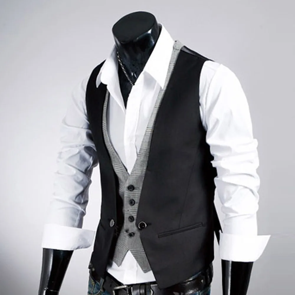 

Men Formal Waistcoat Vest Business Solid Color Single Button Vest Gilet Fake Two-pieces V Neck Casual Slim Chalecos Para Hombre