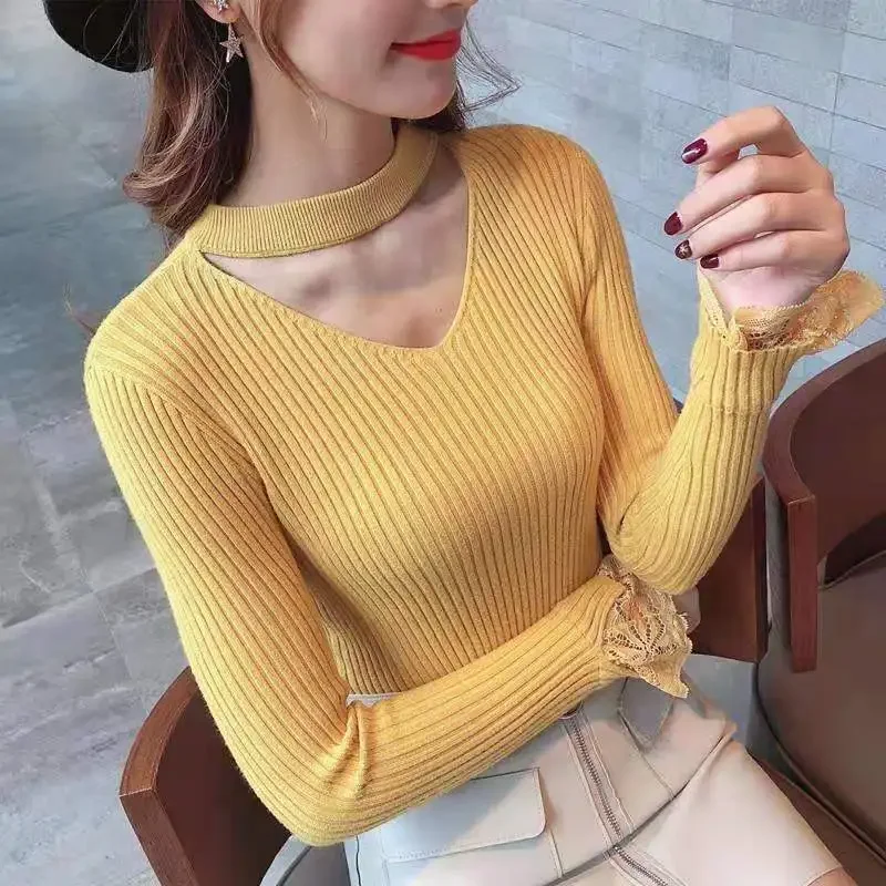 

Knitted Top for Women Pullovers Mesh Ladies Sweaters Halter Neck V-neck Yellow Cheap and Free Shipping Offers Y2k Vintage Jersey