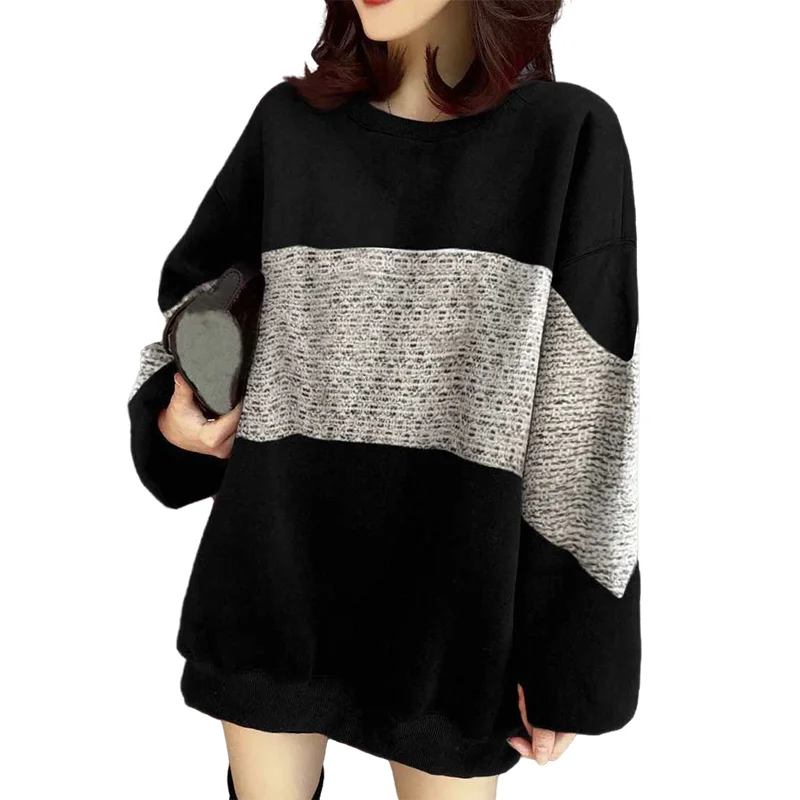 Korean Style Baggy Y2k Women's Sweatshirt Crewneck Cute Autumn Pullover Black Patchwork Streetwear Kawaii Loose Long Sleeves