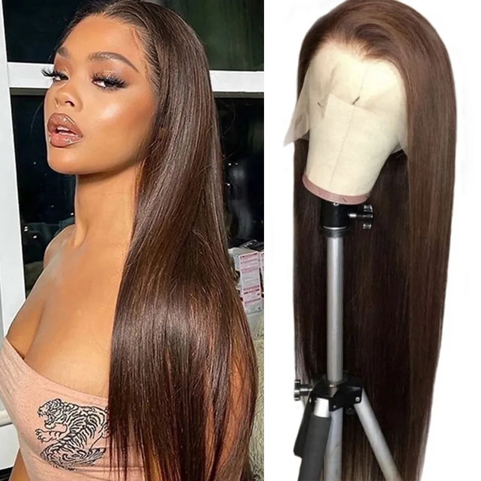 Chocolate Brown HD Lace Frontal Wig #4 Dark Brown Colored Straight Human Hair Wigs 180% Density Human Hair Lace Frontal Wig