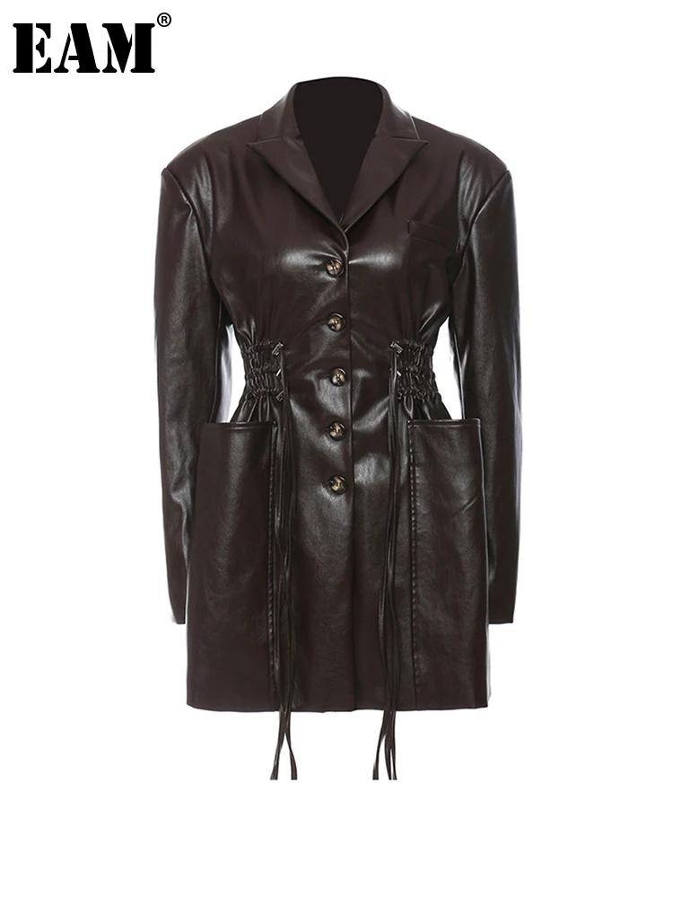 

[EAM] Loose Fit Brown Pu Leather Big Size String Jacket New Lapel Long Sleeve Women Coat Fashion Tide Spring Autumn 2022 1DE4233