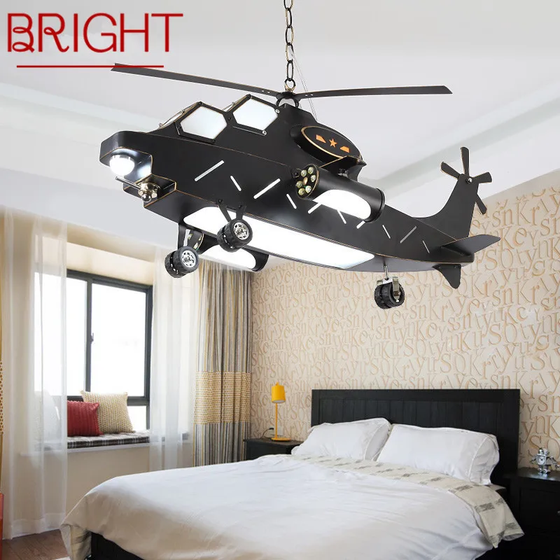 

BRIGHT Children's Airplane Pendant Lamp Vintage LED Creative Fashion Cartoon Helicopter Light For Decor Kids Room Kindergarten