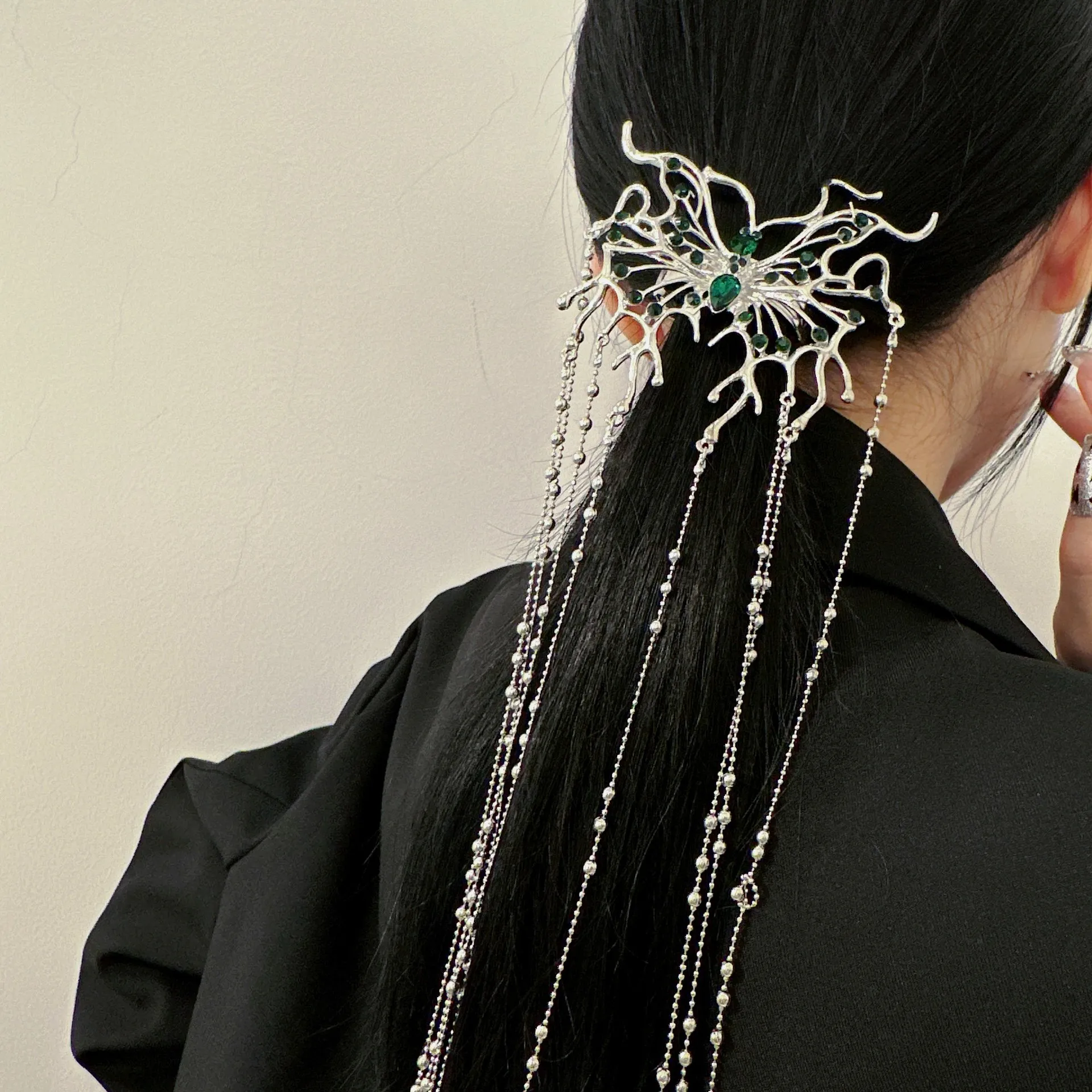 

2022 New Butterfly Hairpin Hair Clip Metal Green Rhinestone Long Tassel Trendy Punk Headwear Hair Accessories for Women Jewelry