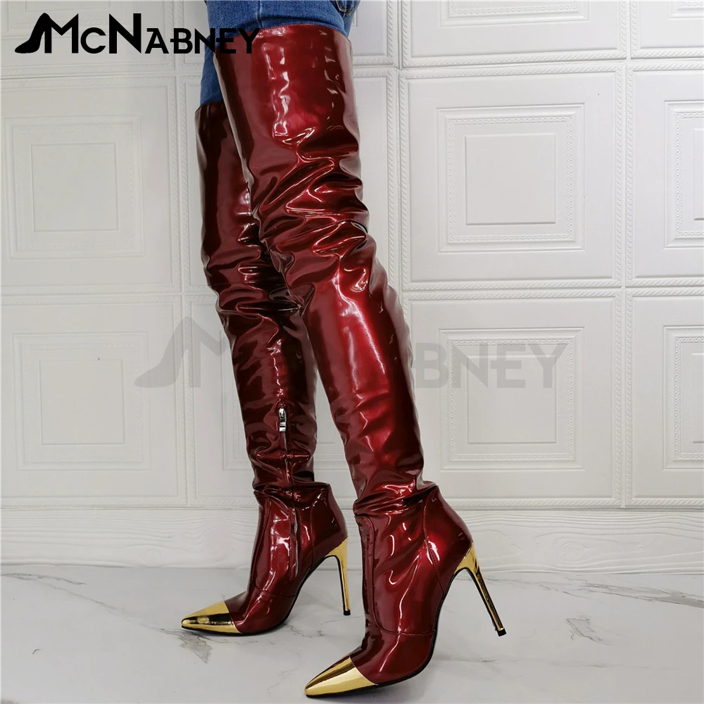 Burgundy Boots Pointed Toe Stiletto Knee Boots Gold and Red Mixed Colour Knee Boots Metallic Heels Large Size Winter Shoes Sale