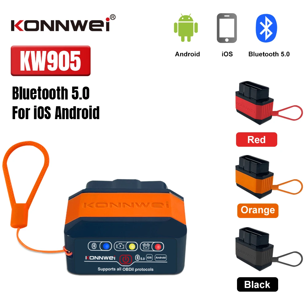 Фото KONNWEI KW905 ELM327 V1.5 OBD2 диагностический инструмент Bluetooth 5,0 для Android/IOS ELM 327 OBD 2 автомобильные сканеры считыватель кодов ﻿ №1