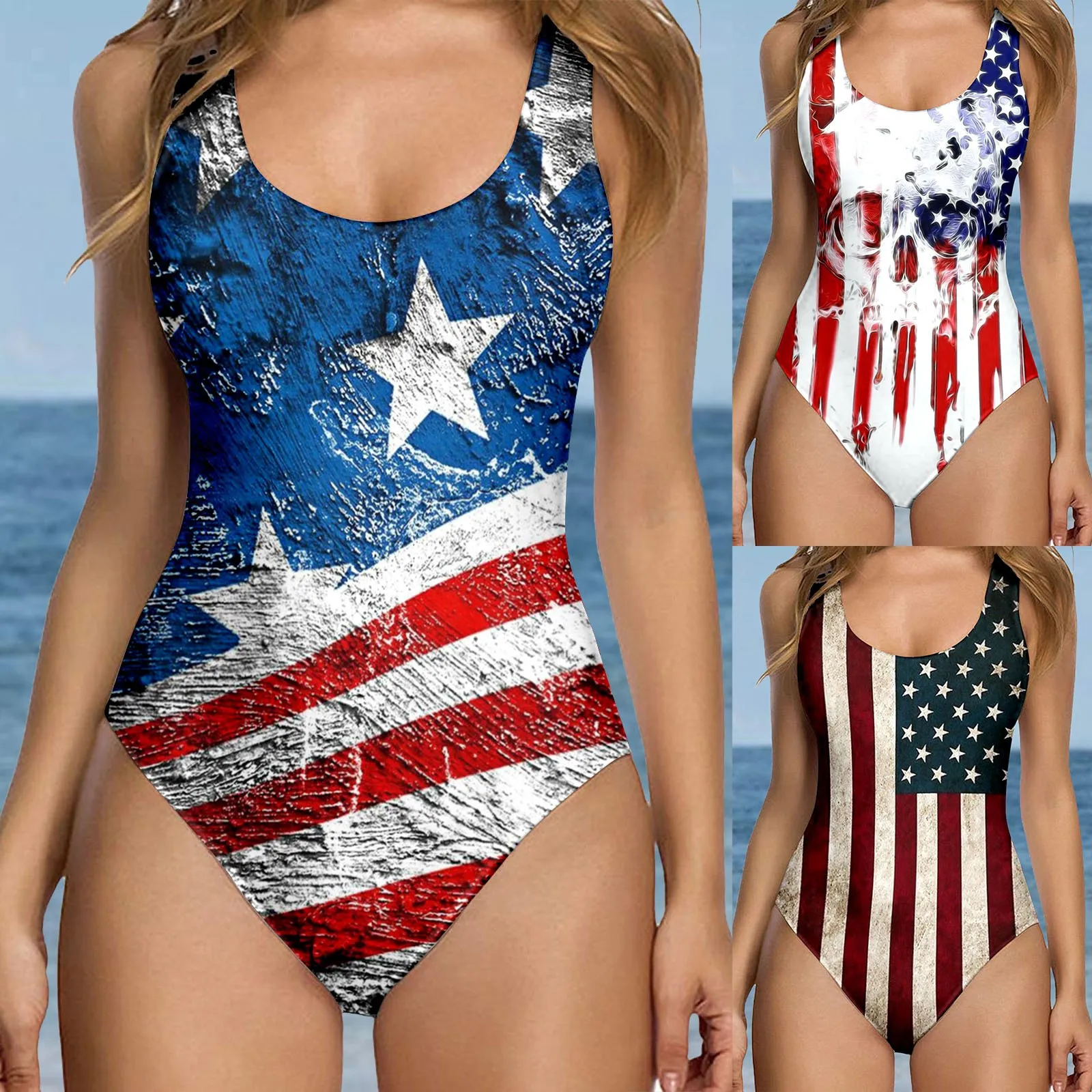 

Women's Independence Day For Women's American Print Square Neck Open Back High Cut Monokini Swimsuit Mesh Bikini Black Swimsuit