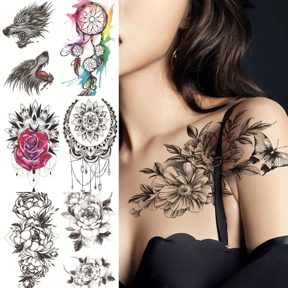 

Временные тату-наклейки для женщин, пион, цветы, большие сексуальные черные цветы, имитация татуировки, одноразовые переводные тату «сделай сам» с розой