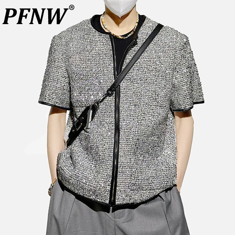 

PFNW Summer Men's Fashion Bright Face Textured Round Neck Short Sleeve Jackets Tide Zippers Streetwear Creativity Coat 12Z1968
