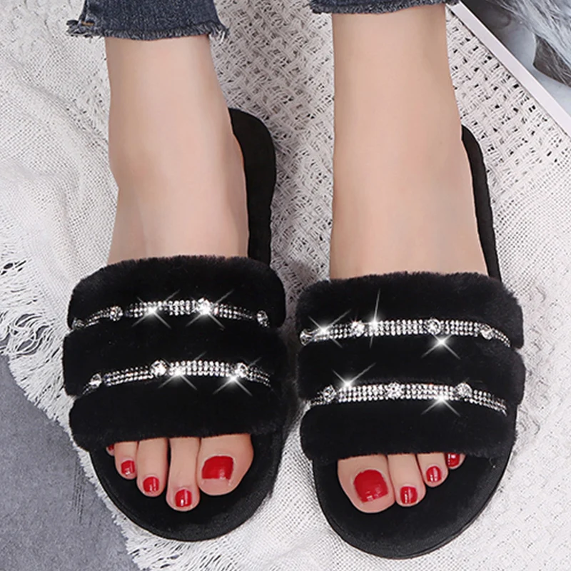 

Модные блестящие стразы, женские домашние тапочки, зима 2022, плоская подошва, открытый носок, Нескользящие, простые