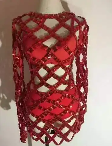 

Блестящий сексуальный костюм для вечеринки на день рождения, женская вечерняя танцевальная одежда певицы, блестящее серебряное, красное, блестящее ажурное платье, наряд