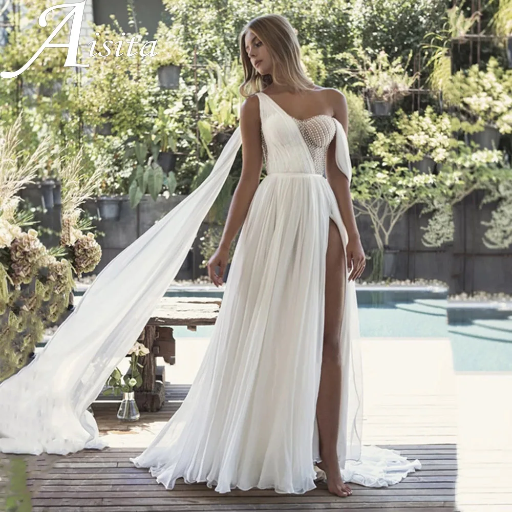 

Remarkable One Shoulder A Line Wedding Dress Side Split Pleats Bridal Gown Illusion Back Sweep Train Boho Vestidos De Novia
