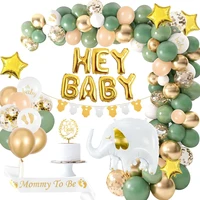 sage green baby shower decorations olive golden peach white balloon garland arch kit hey baby elephant foil balloons mommy to
