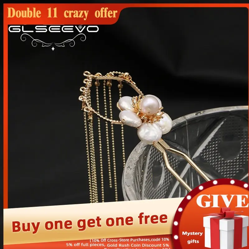 

GLSEEVO Natural Baroque Pearl Flower tassel Hairpins For Women 2022 Romantic Charm Luxury Jewelry For Girls Prom Accessories