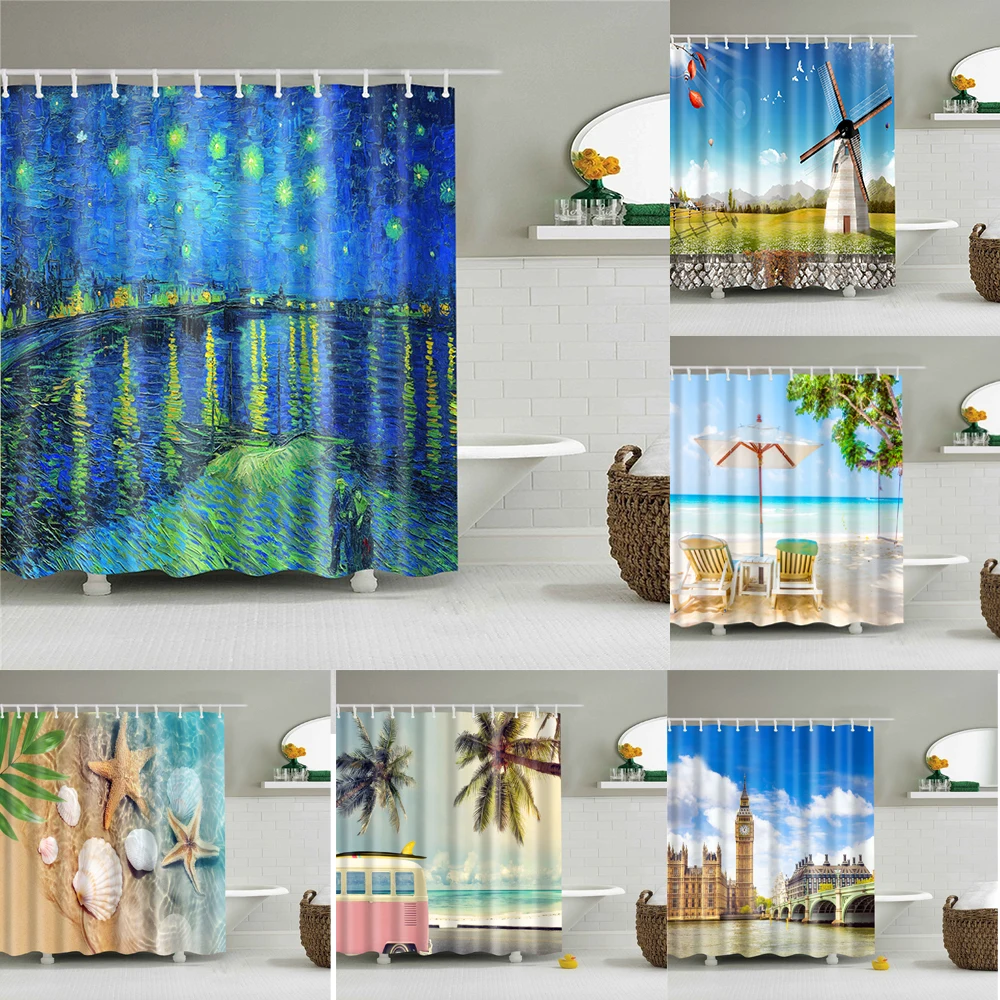 

Windmill Seaside Scenery Shell Beach Scenic Bathroom Shower Curtain Frabic Waterproof Polyester Bathroom Curtain with Hooks