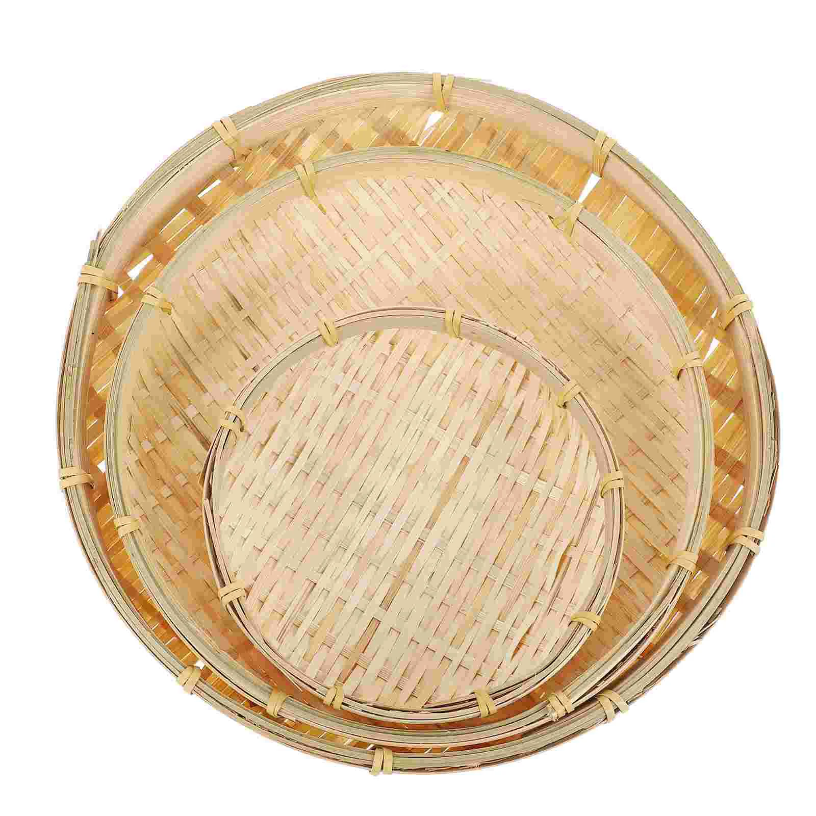 

Basket Storage Woven Sieve Holder Trayflat Washing Shallow Serving Fruit Display Strainer Veggies Round Weaving Trays Kitchen