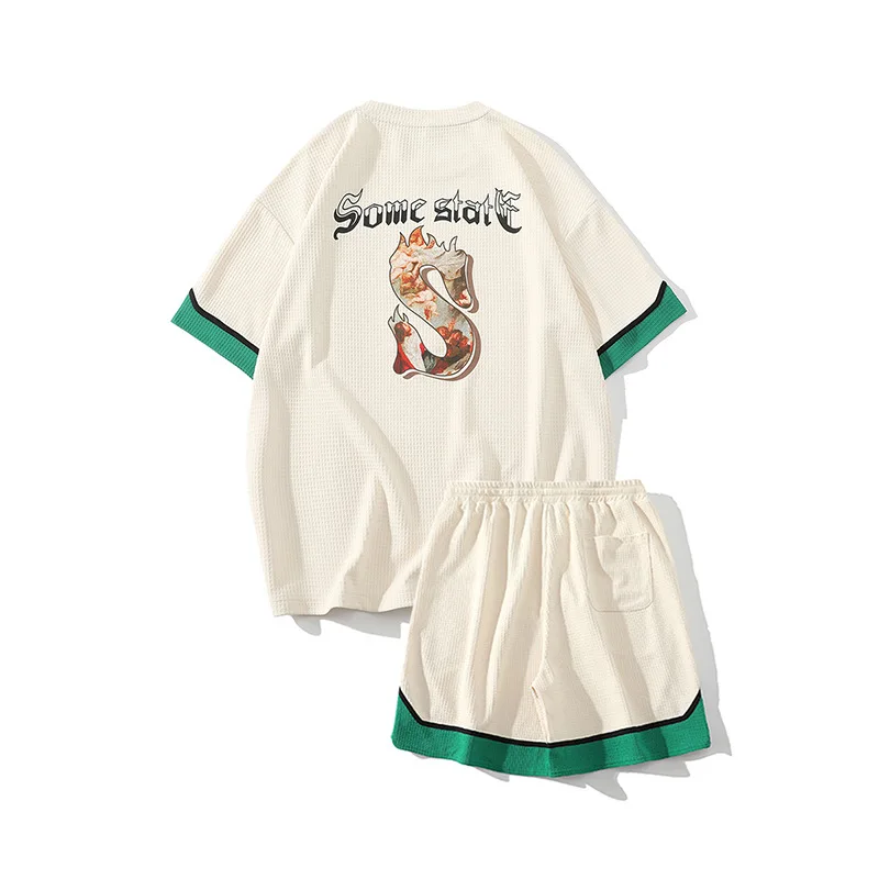 Waffle Suit Men's Set Summer Color Matching Loose Sports Casual Fashion Handsome Short Sleeve T-shirt Shorts Two Piece Set