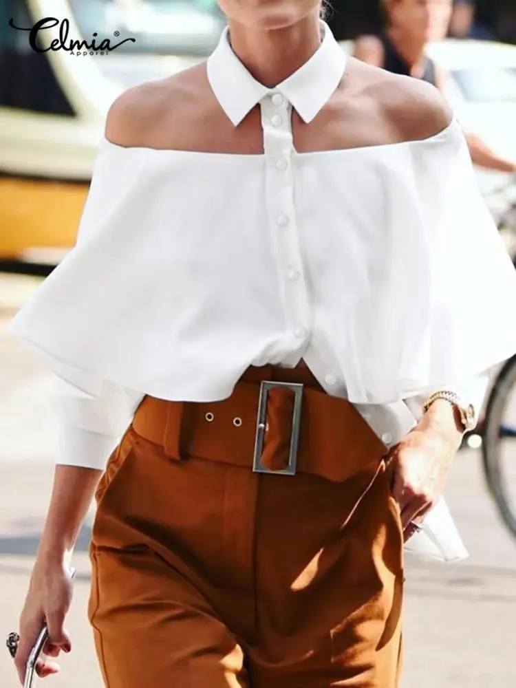 2022 Celmia Frauen Off Schulter Weiß Tops Sommer Tuniken Sexy Halter Shirt Mode Bluse 3/4 Hülse Casual Solide Elegante Blusas