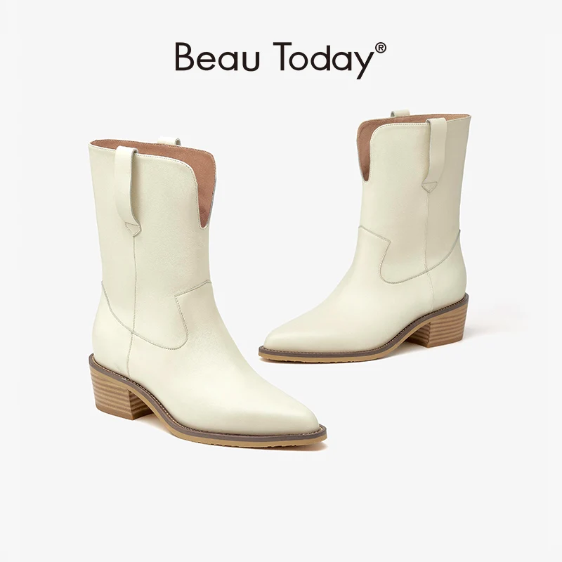 

BeauToday Cowboy Boots Women Genuine Cow Leather Pointed Toe Mid Calf Block Heels Autumn Fashion Ladies Shoes Handmade 06118
