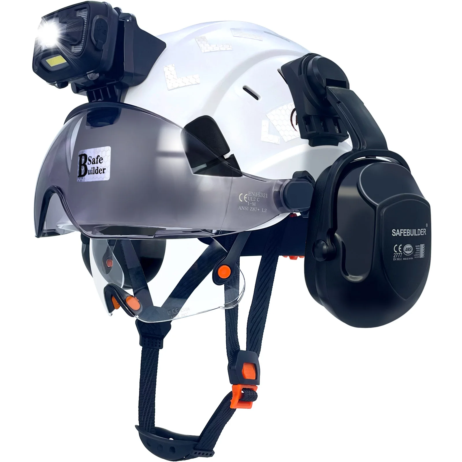 

Защитный шлем с козырьком, наушники со встроенными фарами, защитные каски с перезаряжаемым налобным фонарем для мужчин, работа в промышленном режиме