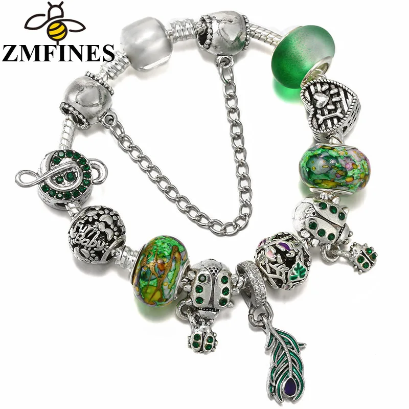 

Green Style Charms Bracelets For Women With Snake Chain Enamel Crystal DIY Charms Beads Pendants Jewelry Wholesale