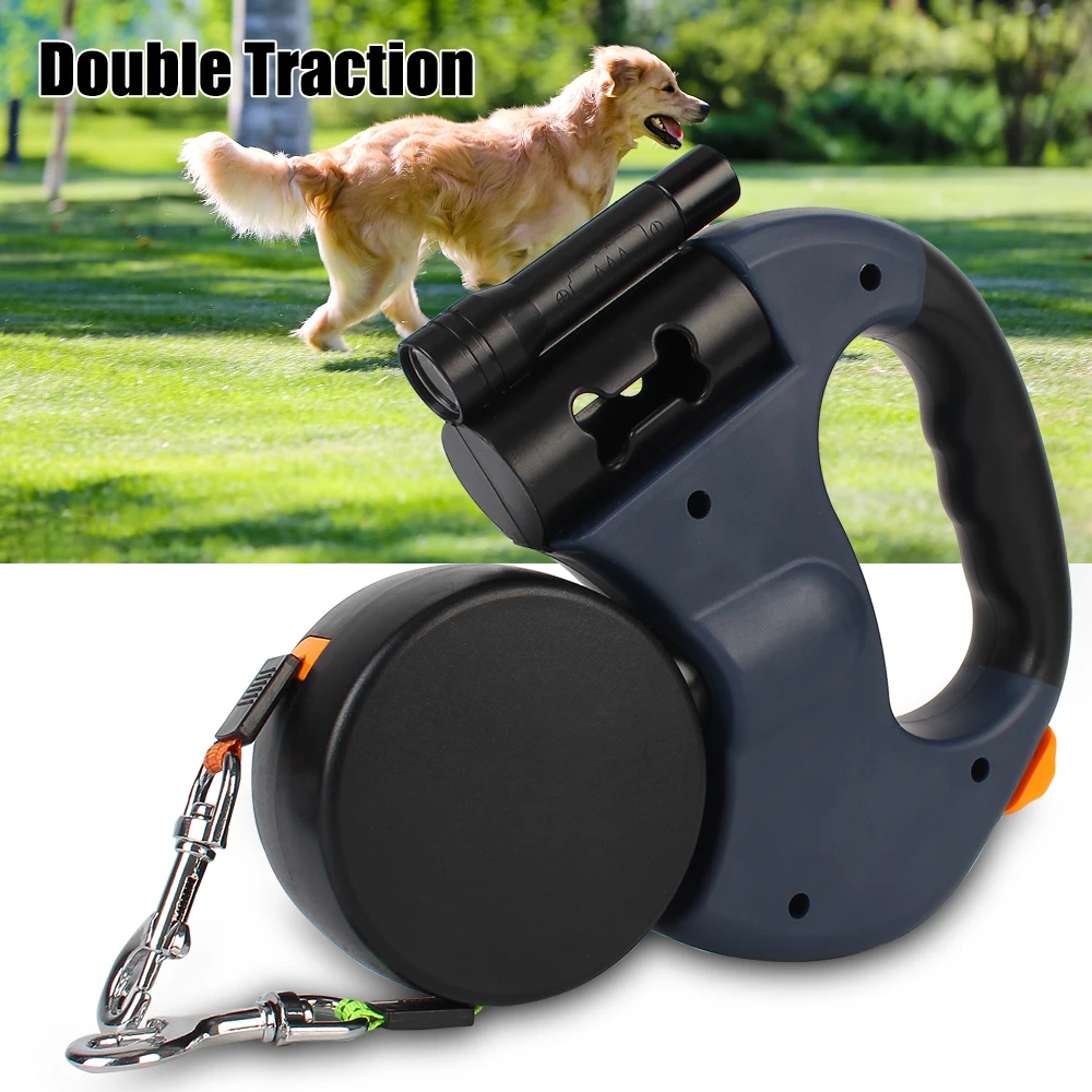 

3m Double-Ended Traction Rope Dogs Strap Roulette Auto Retractable With Flashlight Waste Bag Box Dual Dog Leash
