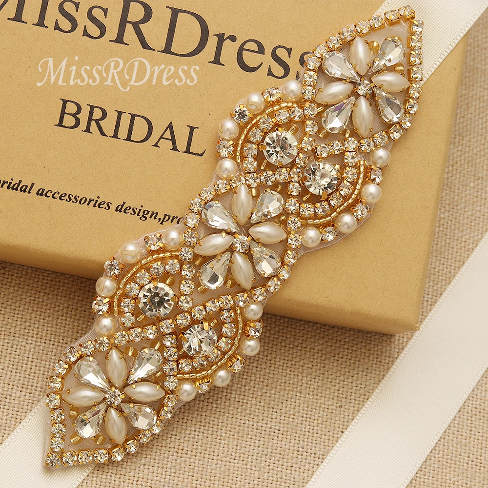 

MissRDress Rhinestones Wedding Belt Gold Crystal Bridal Belt Pearls Stain Wedding Dress Sash Belt For Bridal Accessories JK874