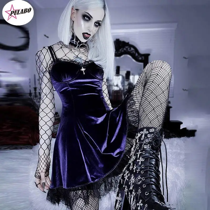 

Velvet Gothic Sexy Black Purple Dress Vintage Lace Sleeveless Dress Cross Aesthetic Elegant High Waist Club Party Dress
