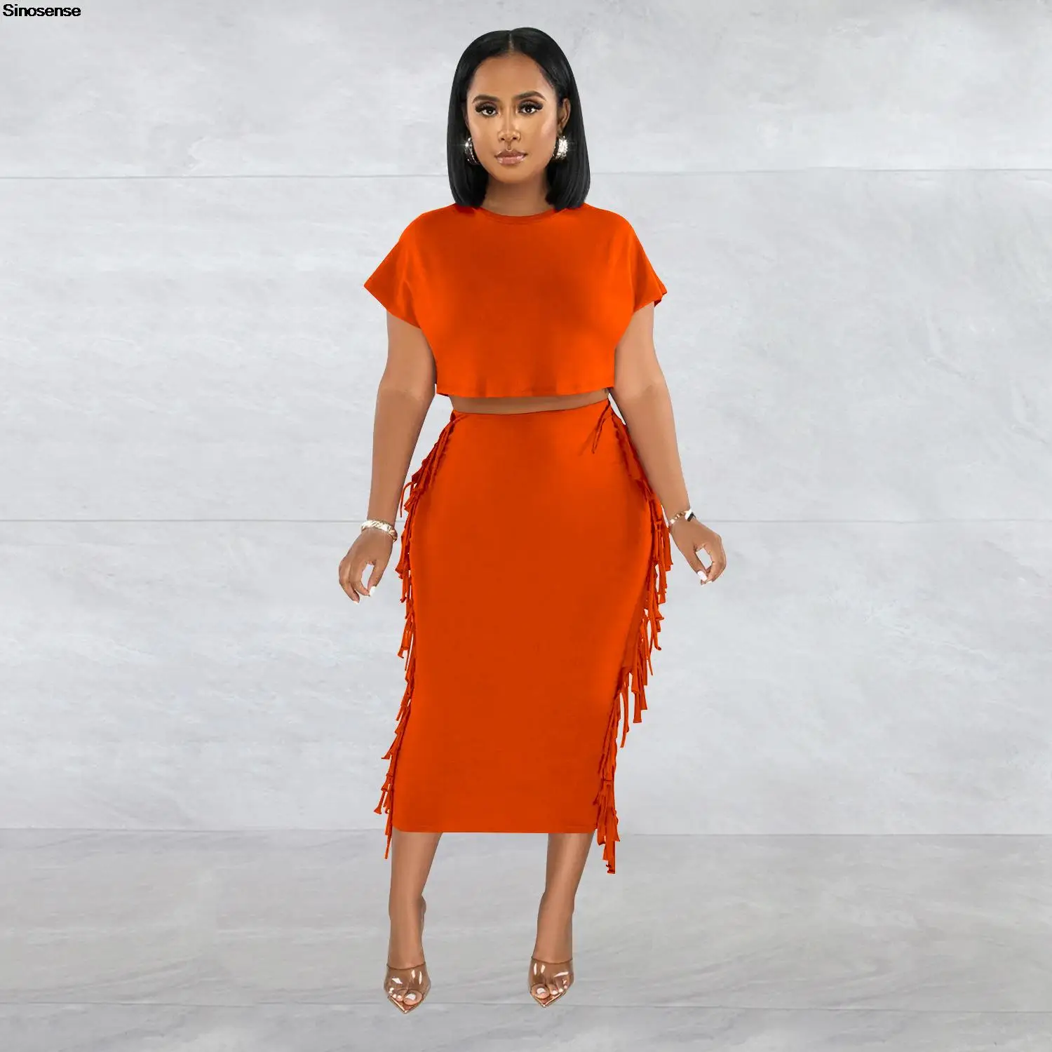 

Women's Tassel Two 2 Piece Sets Crew Neck Fringe Short Sleeve Crop Top Bodycon Midi Skirt Dress Set Night Club Party Outfits