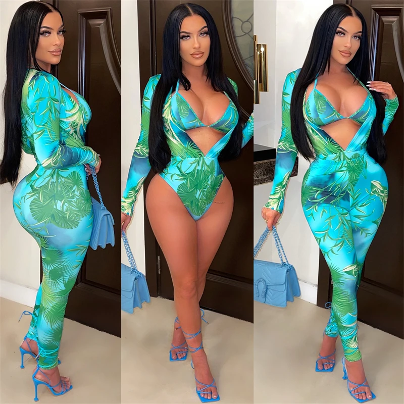 

Leaf Print 3 Piece Set Women Sexy Lace Up Bra Top Deep V Neck Long Sleeve Bodysuit Pencil Pants Summer Suit Night Clubwear