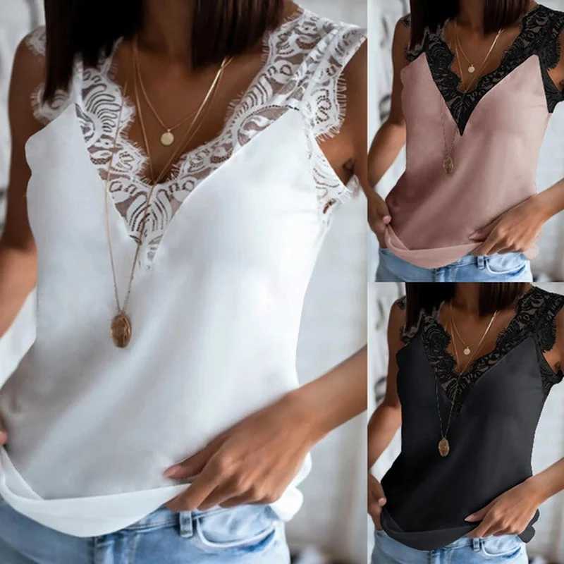 

Майка женская кружевная с V-образным вырезом, Модный повседневный однотонный Приталенный жилет без рукавов, лето 2022