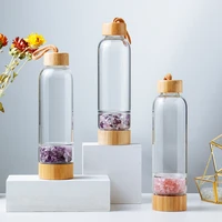 crystal water bottle natural gemstone gravel healing glass energy fitness drink bottle with leak proof bamboo lid glass cup gift