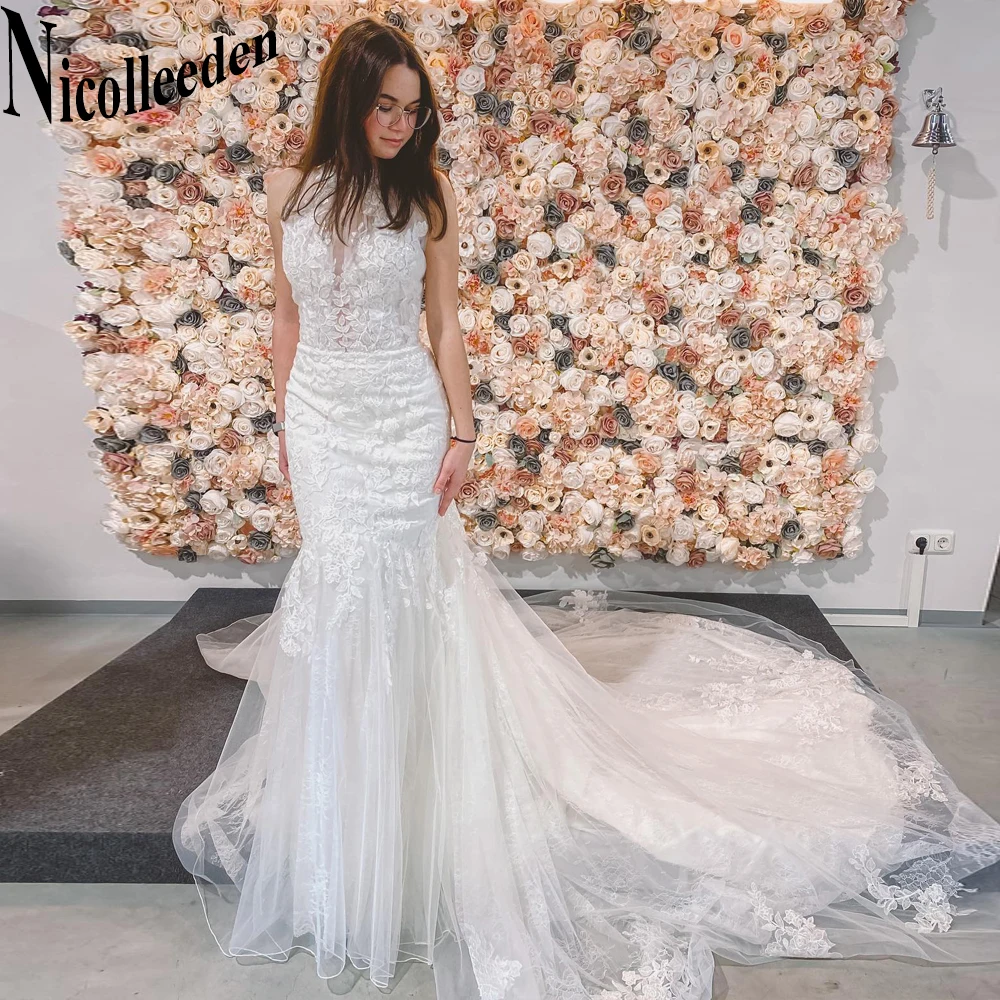 

Nicolle Glamorous Halter Wedding Dresses For Mariages Appliques Sweep Train Trumpet Attractive Sleeveless Backless Tulle