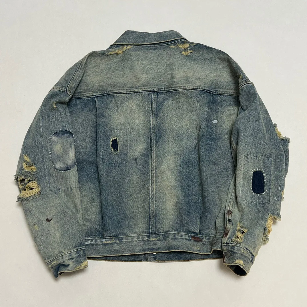 2024aw Высокое качество Saint Mxxxxxxx Промытая винтажная рваная куртка для мужчин