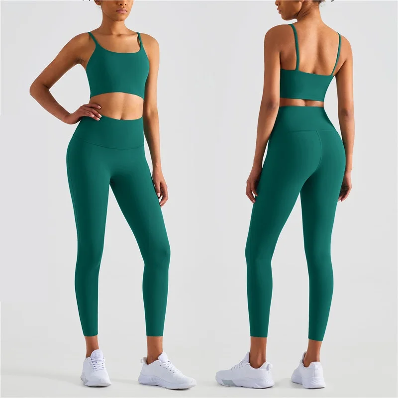 Solid Color Women Gym Fitness Yoga Set Back Cross Strap Crop Top Leggings 2pc Suit Soft Squat Proof Comprehensive Training Wear
