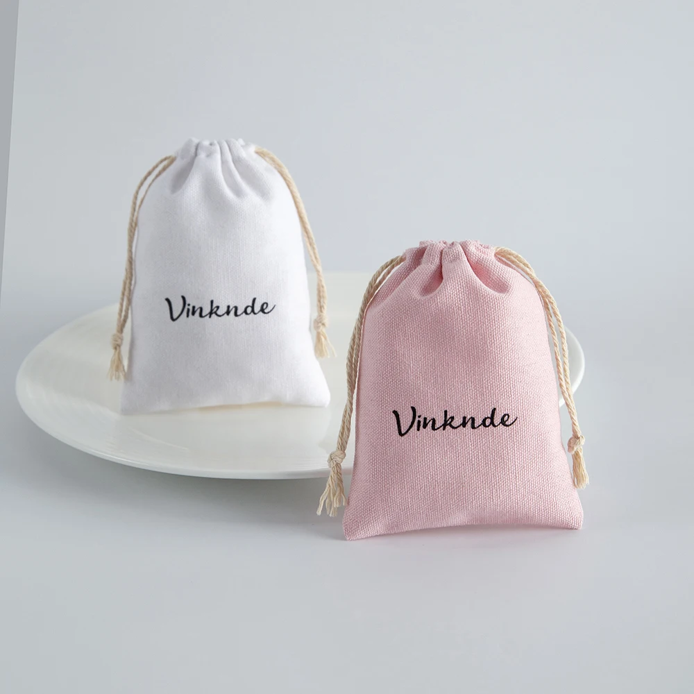 50pcs Linen Cotton Bag Pouches Custom Logo Ring Cosmetics Jewelry Packaging Bags Wedding Party Cute Drawstring Gift Storage Bags