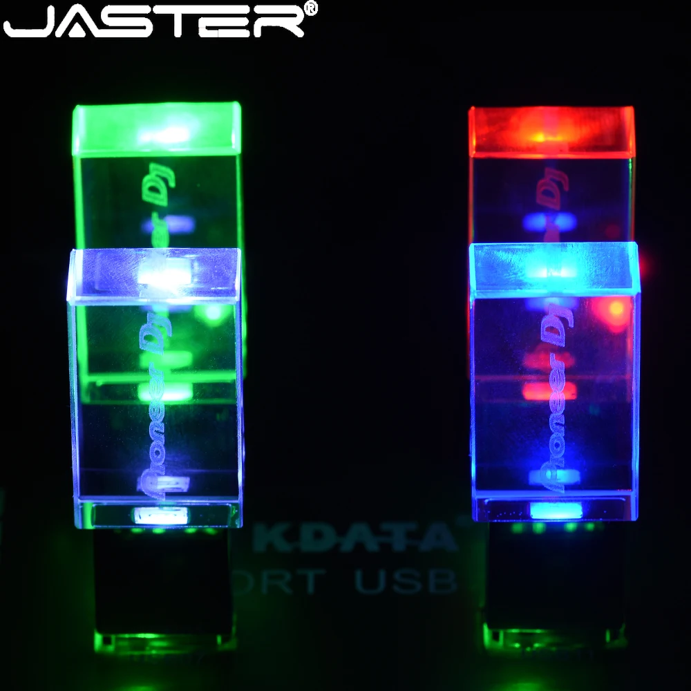 

JASTER Crystal USB Flash Drives 128GB Free customized logo 64GB 32GB Pen drive With LED Light Memory stick Creative gift U Disk