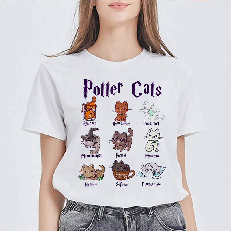 

Summer Female Tee shirt Basic Potter Cats O-neck Short Sleeved Print Harajuku Tops Women T-shirt Casual Kawaii Ladies T-shirt