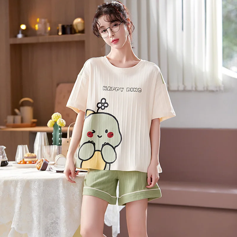 Women Pajama Sets Summer Cotton Pajamas Girls Cartoon Night Wears  Suit Casual Sleepwear Short Sleeve Nightgown Homewear Fashion
